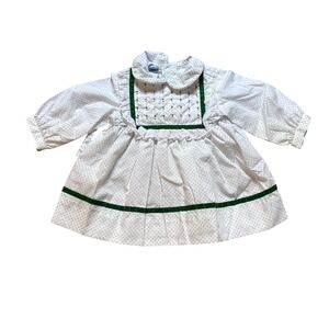 Nanette Vintage Dress Baby White Green Polka Dot Velvet Trim‎ SIZE 12 Months